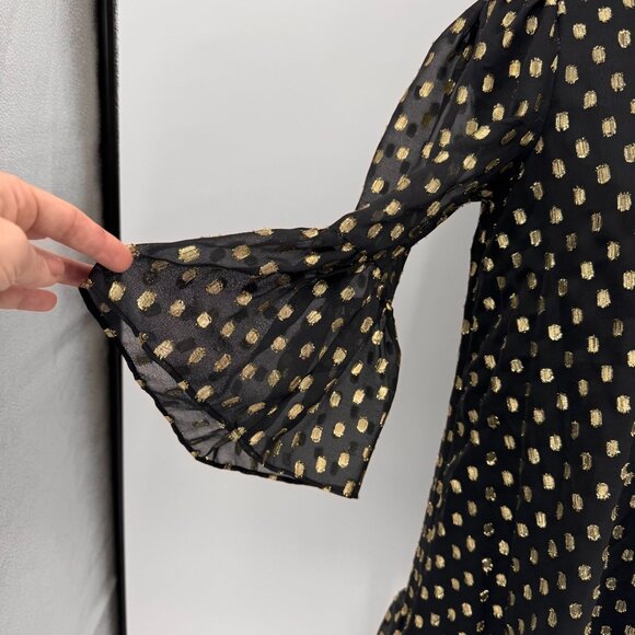 Calvin Klein Dress Womens 4‎ Black Gold Polka Dot Sheer Bell Sleeve Neck Bow - Picture 5 of 8
